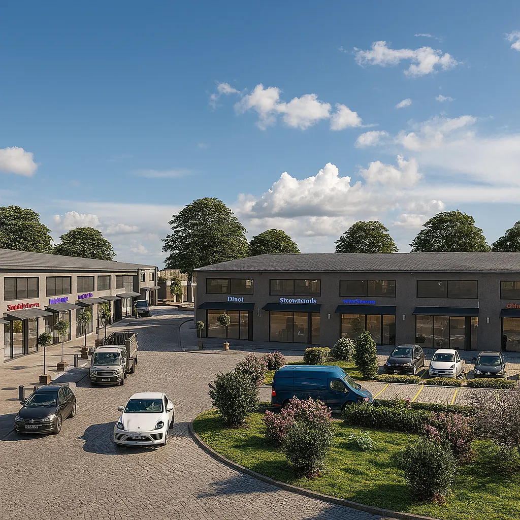 The Link Θεσσαλονίκη – εμπορικό συγκρότημα με καταστήματα, πλακόστρωτη αυλή και χώρο στάθμευσης.