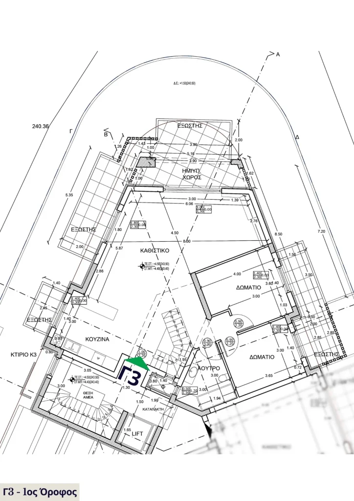 Alexandrou Corner Residences Γ3 – κάτοψη 1ου ορόφου με open-plan καθιστικό-κουζίνα, 2 υπνοδωμάτια, λουτρό και ημιυπαίθριο