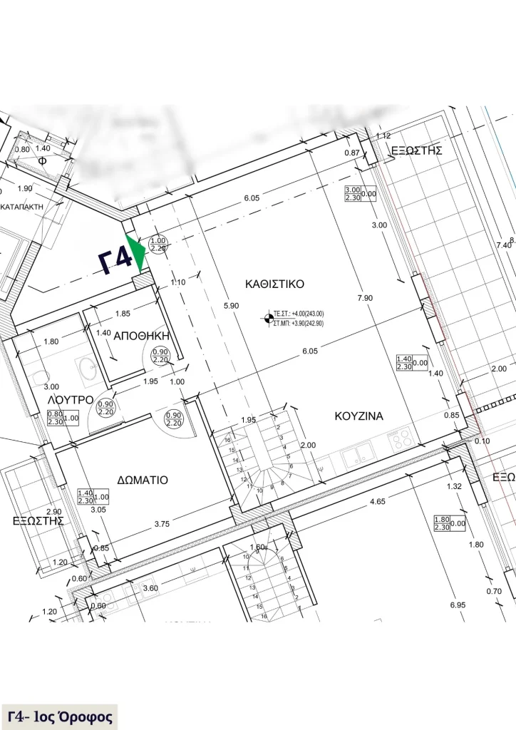 Alexandrou Corner Residences Γ4 – κάτοψη 1ου ορόφου με καθιστικό-κουζίνα, υπνοδωμάτιο, λουτρό, αποθήκη και εξώστες