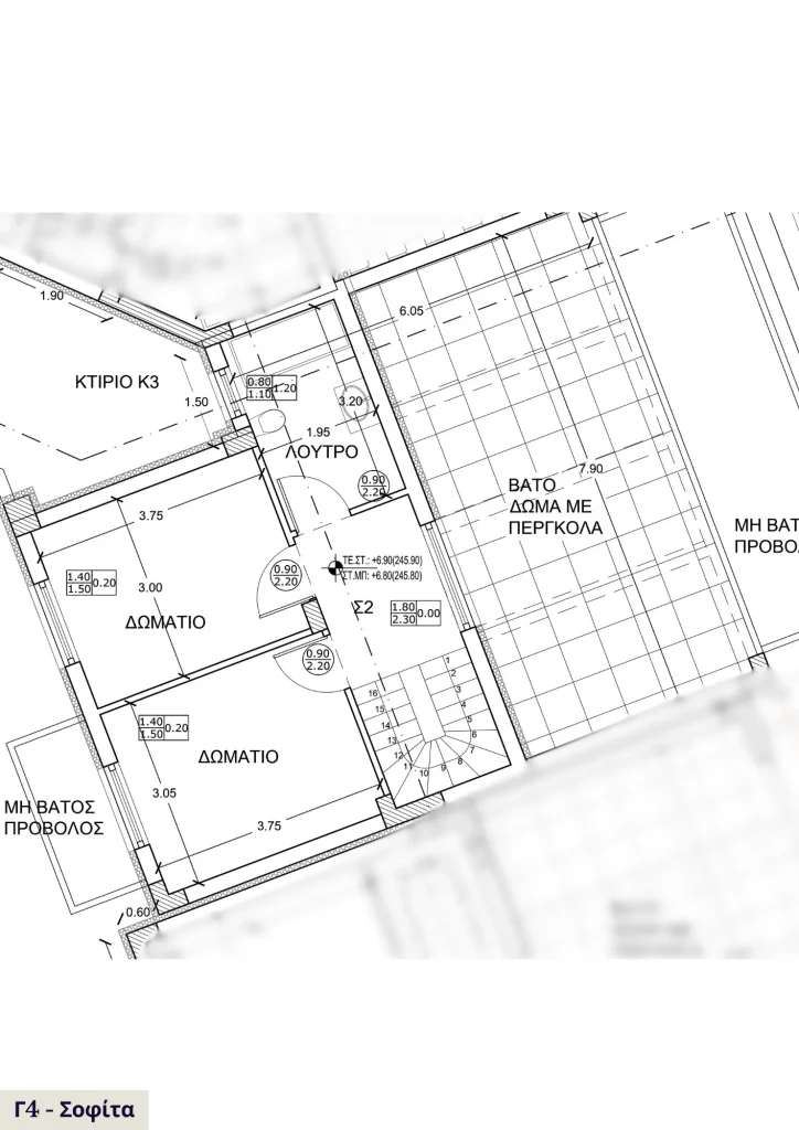 Alexandrou Corner Residences Γ4 – κάτοψη σοφίτας με 2 υπνοδωμάτια, λουτρό και βατό δώμα με πέργκολα