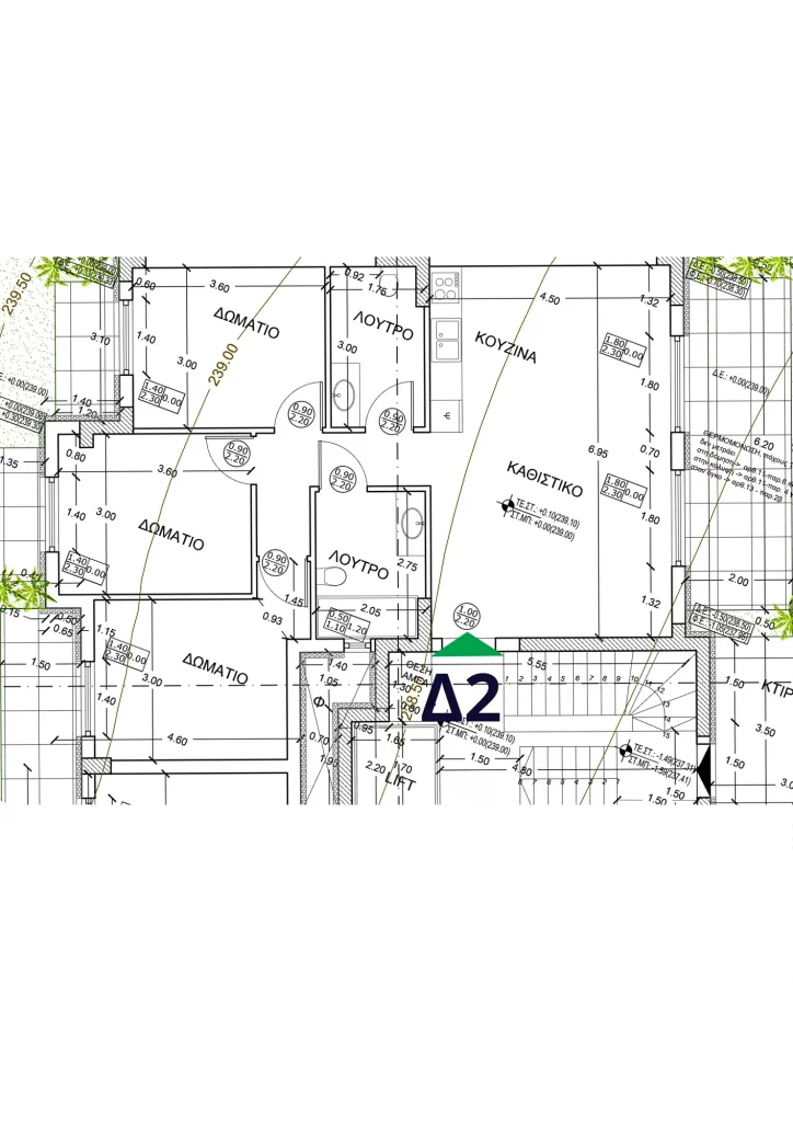 Alexandrou Corner Residences Δ2 – κάτοψη ισογείου με open-plan καθιστικό-κουζίνα, 3 υπνοδωμάτια, 2 λουτρά και άμεση έξοδο σε αυλή/κήπο