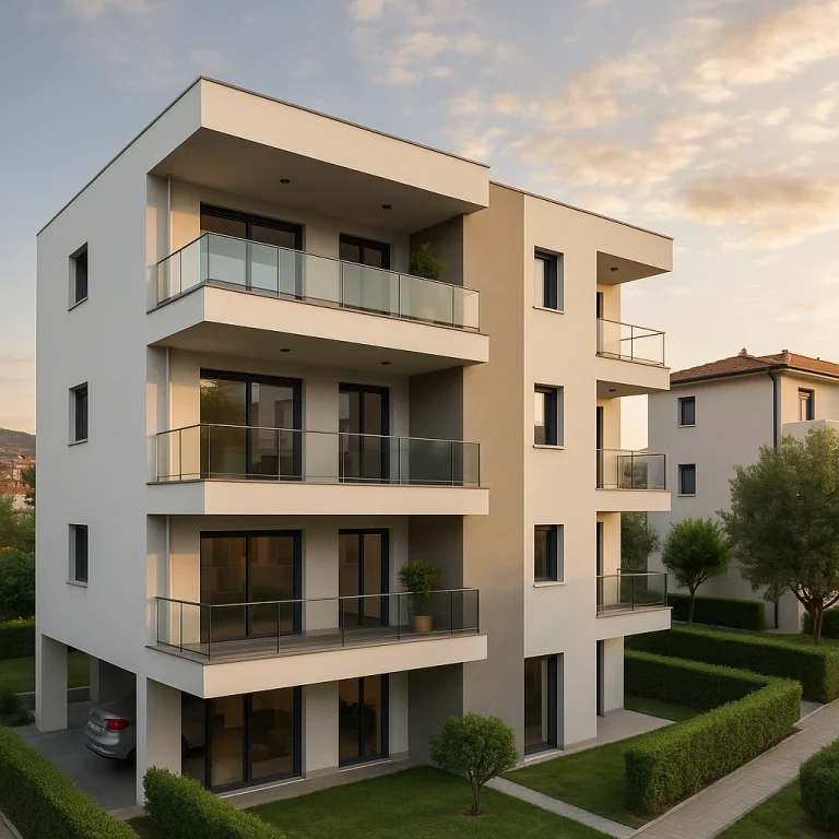 Σύγχρονη πολυκατοικία τριών ορόφων με μίνιμαλ αρχιτεκτονική και ιδιωτικούς κήπους στο Ωραιόκαστρο Θεσσαλονίκης.