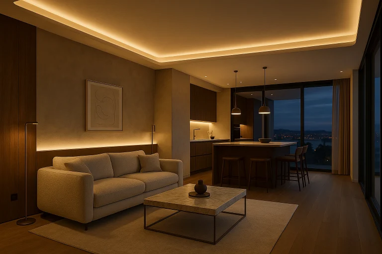 Open plan σαλόνι–κουζίνα με κρυφό LED φωτισμό και νησίδα, minimal εσωτερικός σχεδιασμός – έργο κατασκευαστικής στη Θεσσαλονίκη.