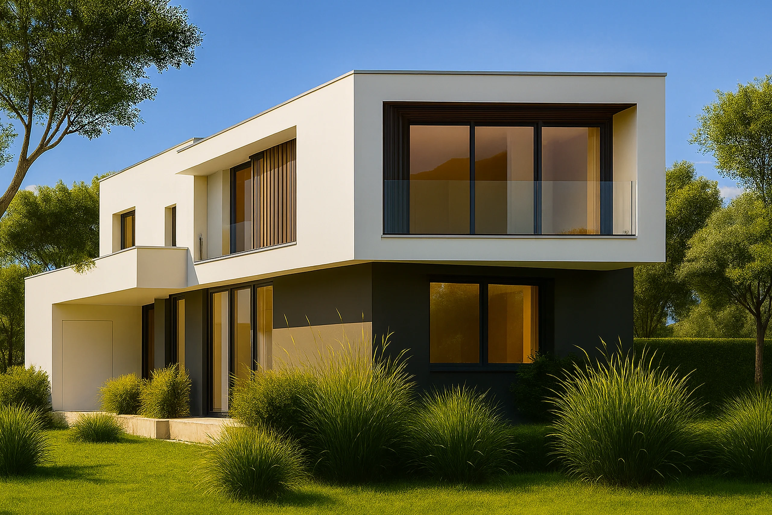 Μοντέρνα διώροφη κατοικία με μεγάλες υαλώσεις – κατασκευή κατοικιών στη Θεσσαλονίκη.