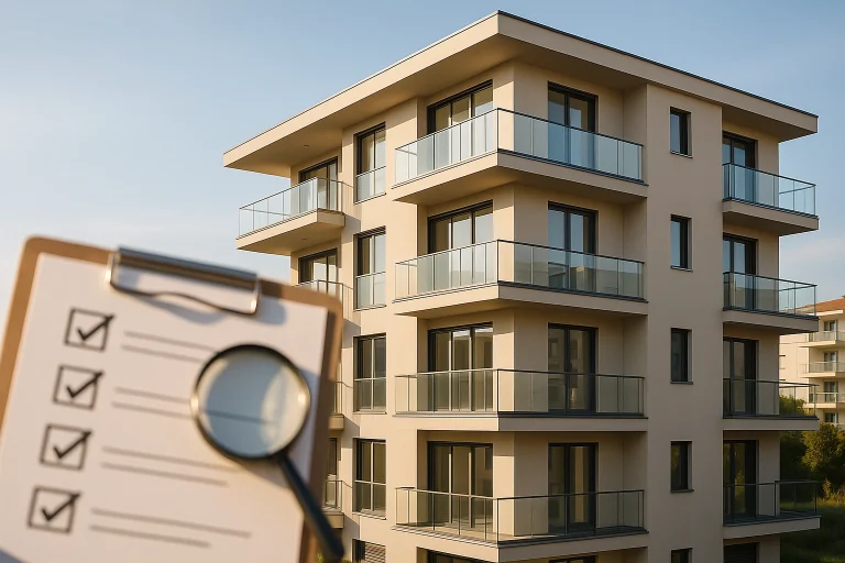 Νεόδμητη πολυκατοικία με μπαλκόνια στο φως ημέρας και checklist ελέγχου αγοράς — premium εμφάνιση