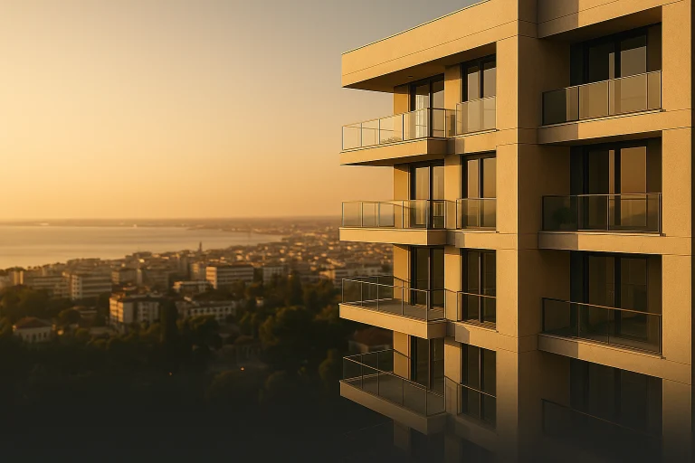 Μπαλκόνια σύγχρονης πολυκατοικίας στο Ωραιόκαστρο με θέα στον Θερμαϊκό στο ηλιοβασίλεμα