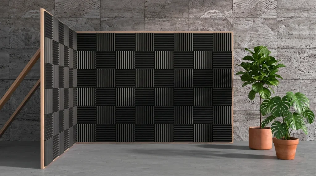 Modern open-plan office equipped with acoustic ceiling panels and sound-absorbing materials.