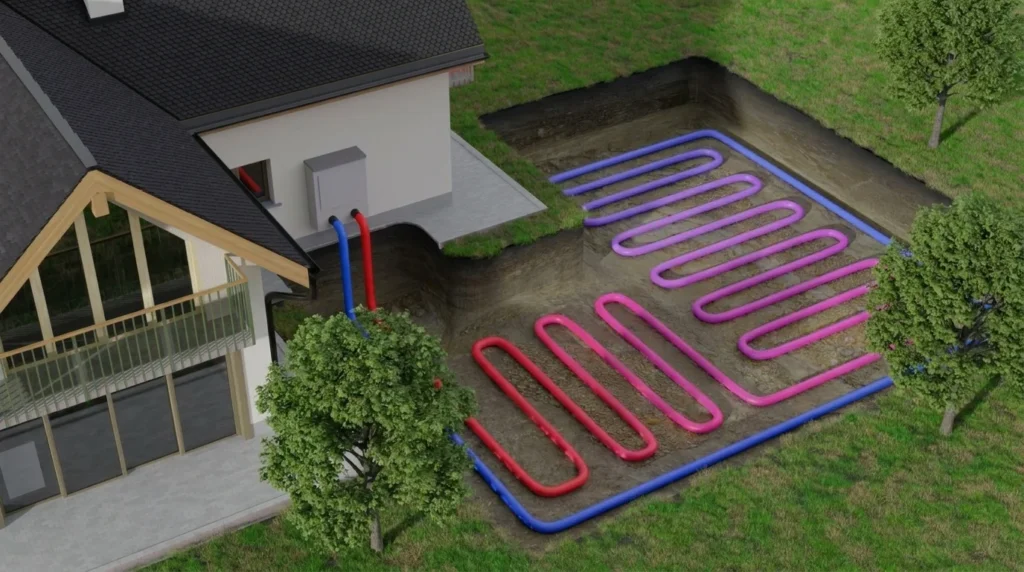 Modern bioclimatic residence featuring a geothermal system installation.