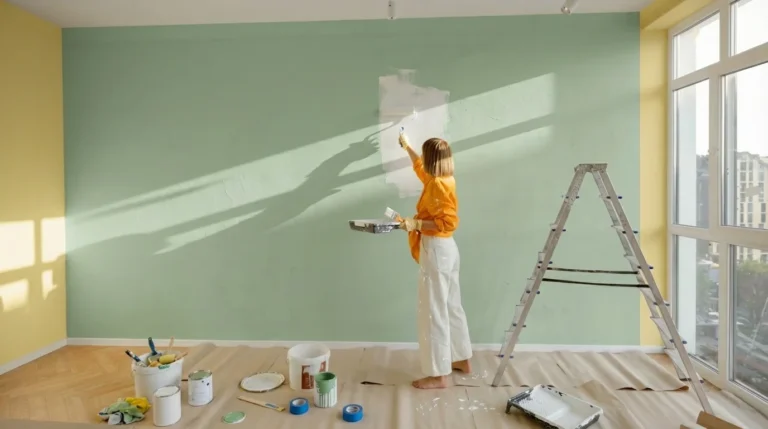 Living room with an accent wall painted in a sage green and butter yellow shade, ideal for spring decor.