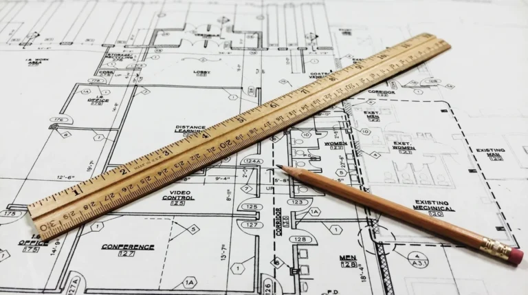 Architectural apartment floor plan with drawing tools on a desk.
