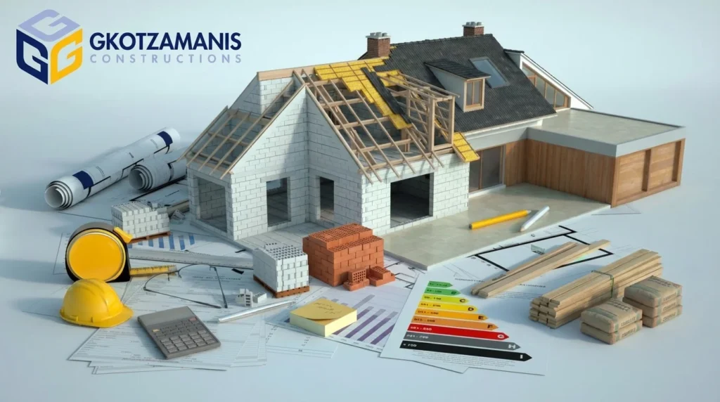 Σύγχρονα υλικά δόμησης και κατασκευαστικά εργαλεία σε εργοτάξιο.