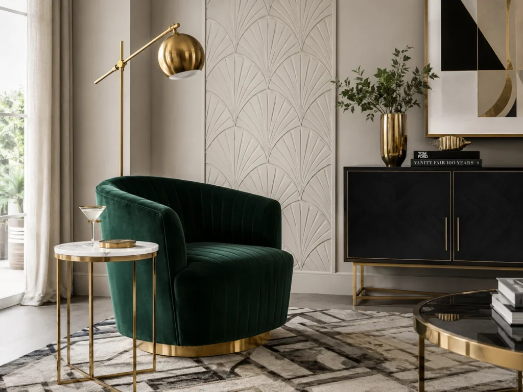 Σύγχρονο σαλόνι με Art Deco επιρροές, σμαραγδί βελούδο, μπρούτζινες λεπτομέρειες και γεωμετρικά μοτίβα.
