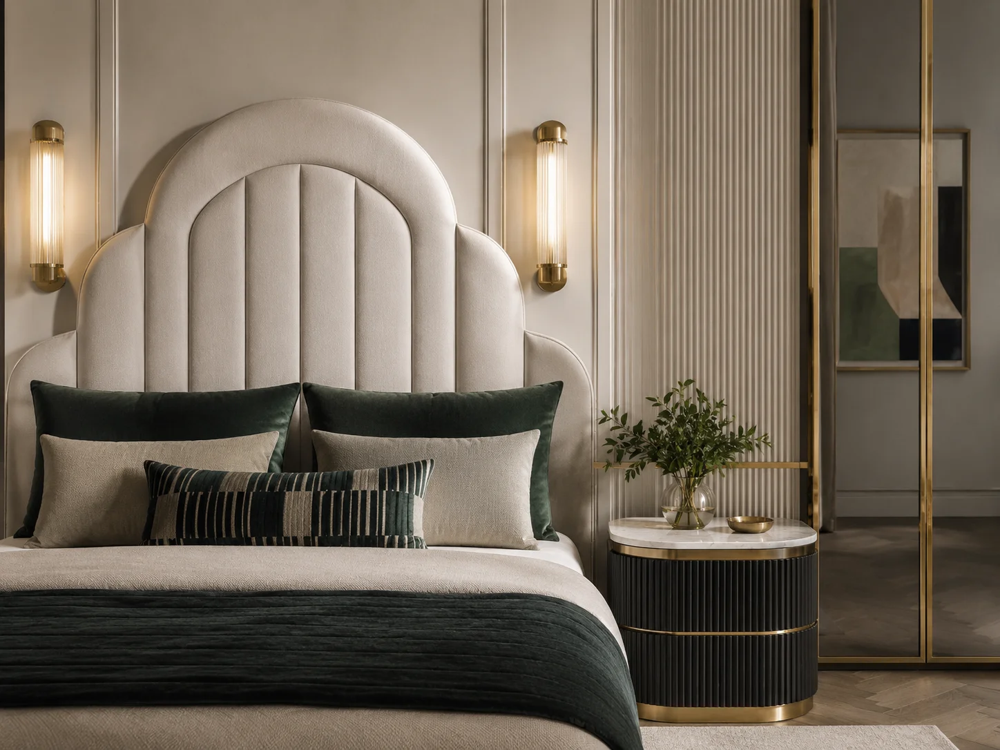 Κομψό υπνοδωμάτιο με Art Deco καμπύλες, χρυσές απλίκες, μαρμάρινες επιφάνειες και βελούδινες πράσινες πινελιές.