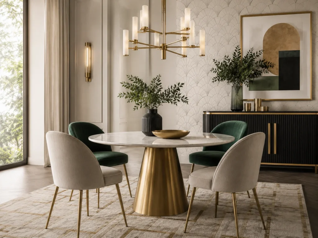 Μοντέρνα τραπεζαρία με Art Deco αισθητική, μαρμάρινο τραπέζι, χρυσές λεπτομέρειες και πράσινο βελούδο.