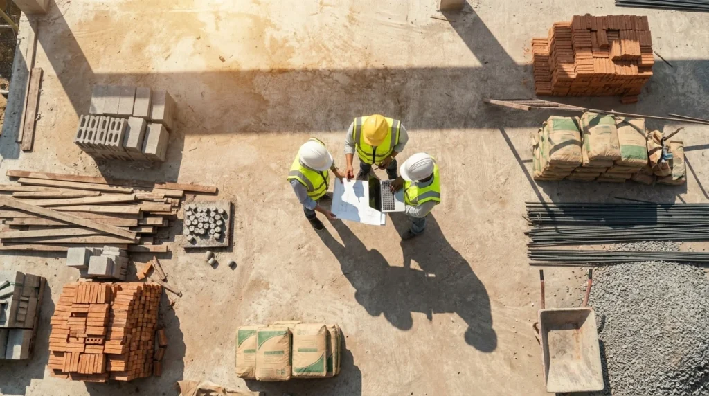 Μηχανικοί και project managers ελέγχουν τα σχέδια στο εργοτάξιο για την αποφυγή καθυστερήσεων στα κατασκευαστικά έργα.
