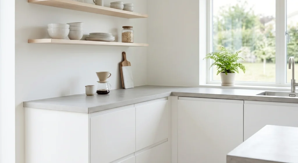 Μοντέρνα λευκή κουζίνα σε σκανδιναβικό design με πάγκο από σκυρόδεμα και ανοιχτά ξύλινα ράφια