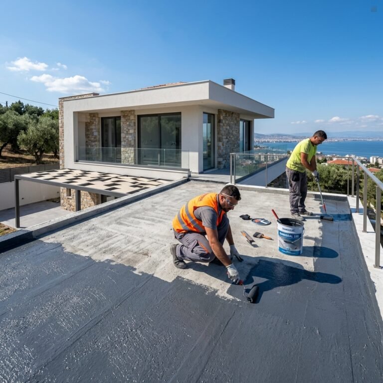 Υγρομόνωση σπιτιού σε ταράτσα σύγχρονης κατοικίας