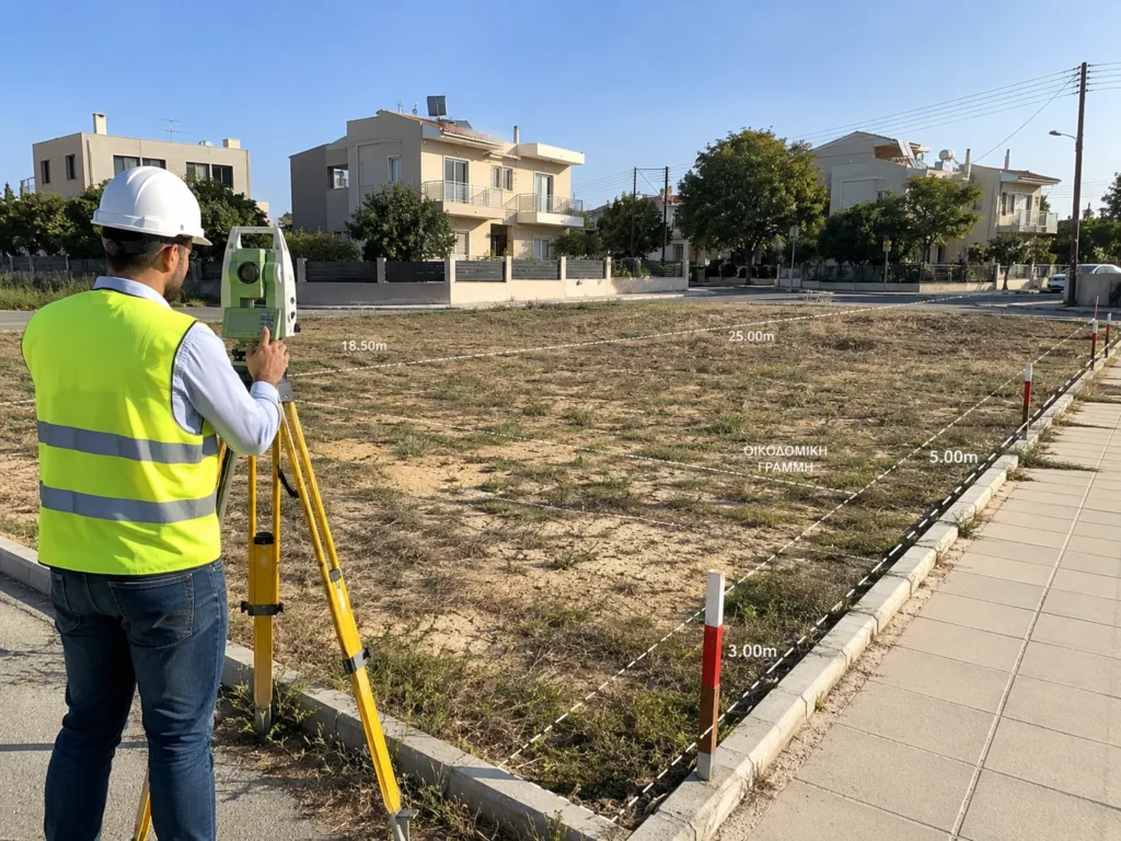 Τοπογράφος μηχανικός μετρά τα όρια οικοπέδου και τις αποστάσεις από την οικοδομική γραμμή.
